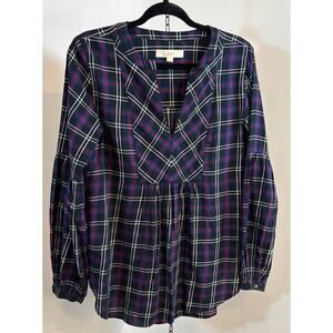 LOFT Plaid Peasant Blouse Womens Small Navy Blue Long Sleeve V Neck Tunic Top